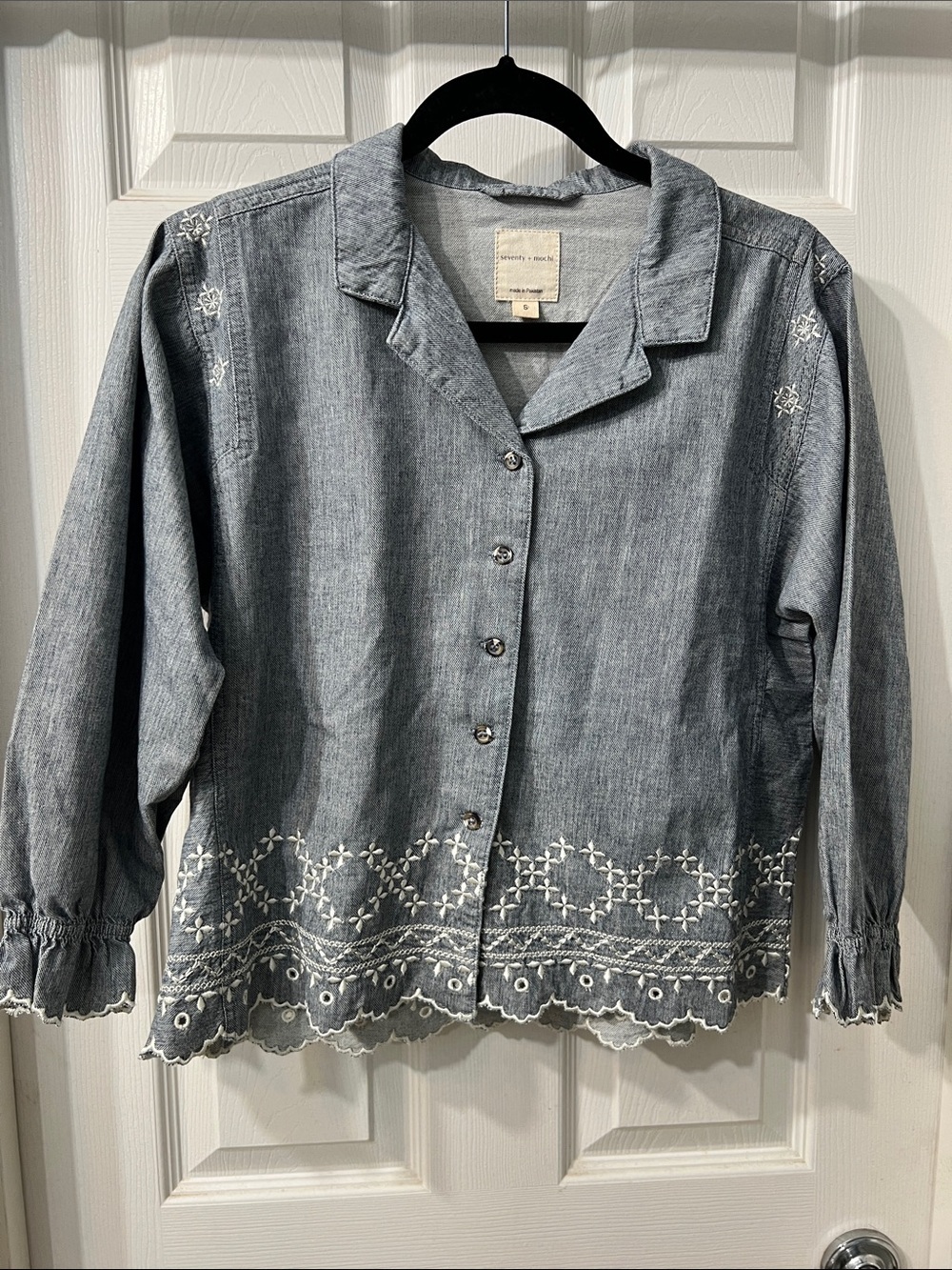 Seventy + Mochi Embroidered Chambray Button Down Blouse Cottagecore Boho Size S